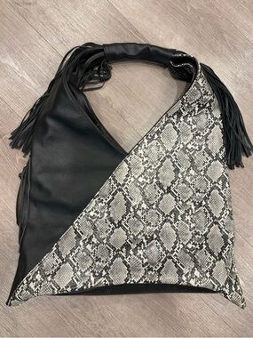 Vegan Leather Black & Gray Snake-Print Fringe Hobo Bag
